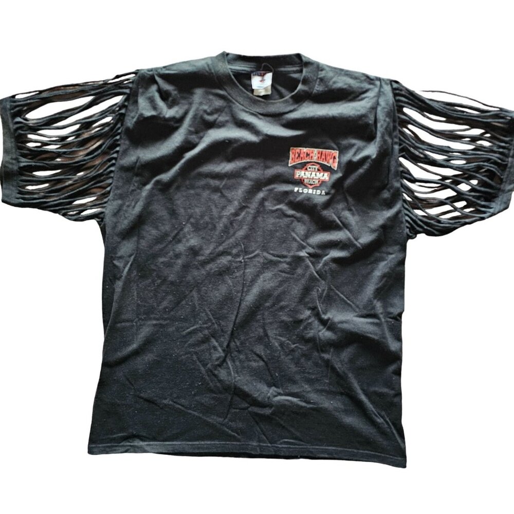 Biker Beach Hawg Panama City Florida Black Razor Cut Sleeve T-Shirt L Upcycled H